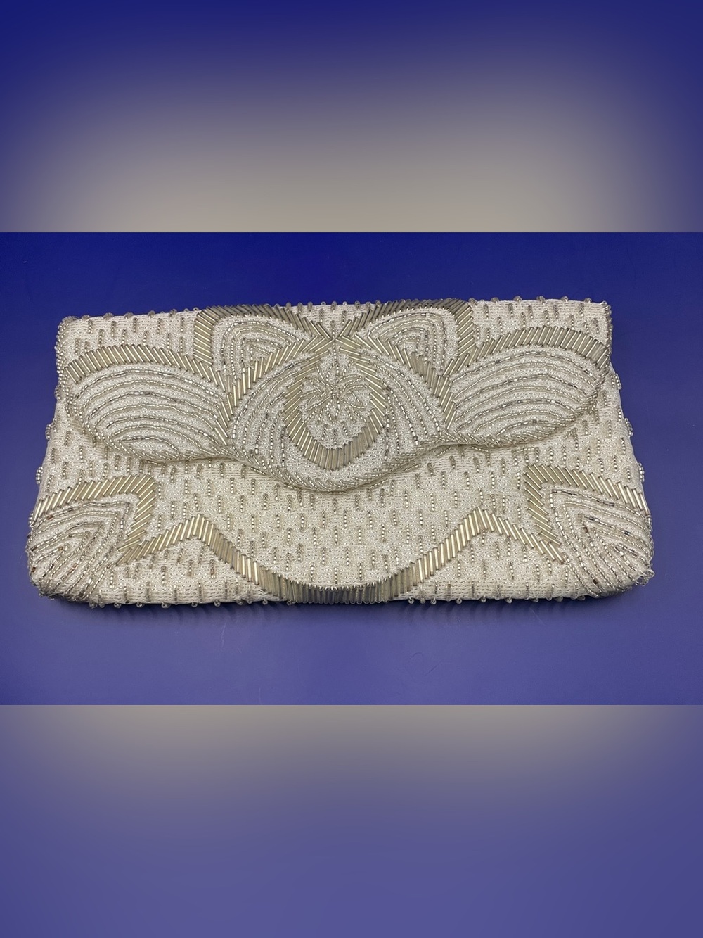 Beaded White Evening Clutch with Silver Accents